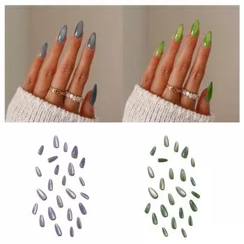 Накладные ногти с полным покрытием, розовые, средние, миндальные, накладные ногти с эффектом кошачьего глаза, накладные ногти с блестками, маникюрные принадлежности 4