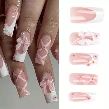 Накладные ногти средней длины DIY Craft Pink Fake Nails Square 3D Flower False Nail Tips Искусственные ногти Маникюр для пальцев A