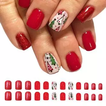 Накладные ногти в виде рождественской елки, блестящие, накладные ногти, короткие, квадратные, с полным покрытием, накладные ногти, маникюрные принадлежности для женщин