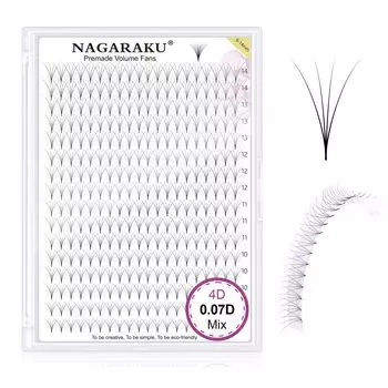 Накладные ресницы NAGARAKU, готовые, 320 пучков, объем 4D, завиток D, набор для смешивания, острый и узкий стержень, тонкая заостренная основа с русской пушистой матовой текстурой