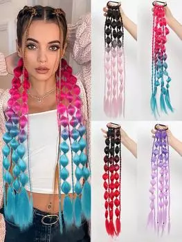 Накладные волосы 24 дюйма длинные прямые волосы натуральные черные с розовым разноцветные градиентные фонарики пузырьковая коса коса конский хвост парик с резинкой