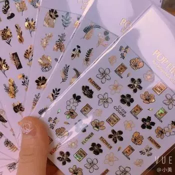 Наклейка для ногтей, блестящие 3D-эффекты, ультратонкие бронзовые листья, радужные наклейки для ногтей с деревом E чёрный