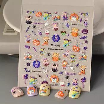 Наклейка для ногтей на Хэллоуин Милая крутая паук летучая мышь украшение для ногтей Милая рельефная тыквенная конфета поставляется с самоклеящимися наклейками для ногтей
