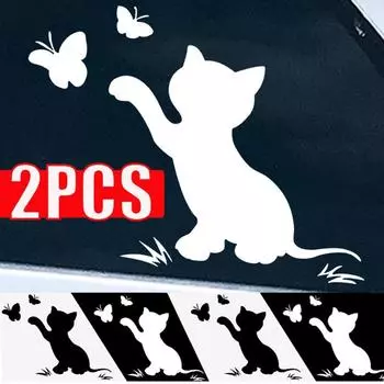 Наклейка на автомобиль с изображением мультяшного кота, играющего с бабочкой, самоклеящаяся наклейка на кузов автомобиля, водонепроницаемая декоративная наклейка, светоотражающая наклейка