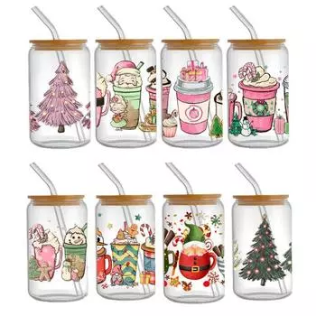 Наклейка на чашку Рождественская елка Санта-Клаус Водонепроницаемая самоклеящаяся отличная липкость Противоскользящая прозрачная печать Кофейная чашка УФ-наклейка DTF DIY Transfer H