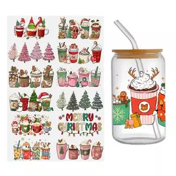 Наклейка на чашку Рождественская елка Санта-Клаус Водонепроницаемая самоклеящаяся отличная липкость Противоскользящая прозрачная печать Кофейная чашка УФ-наклейка DTF DIY Transfer Q