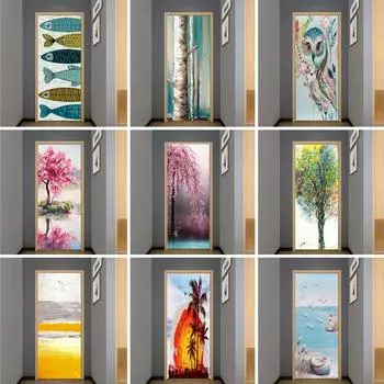 Наклейка на дверь в виде птицы и дерева для спальни, гостиной, ванной комнаты, наклейка на стену, самоклеящаяся водостойкая съемная фреска, обои, домашний декор 50x125cm(1pcs)