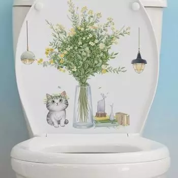 Наклейка на крышку унитаза, самоклеящаяся, не выцветающая, съемная, водонепроницаемая, с цветочным принтом, наклейка с мультяшным котом, художественное украшение для туалета