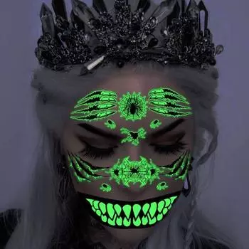 Наклейка на лицо с татуировками на Хэллоуин, светящаяся в темноте 3D-набор для макияжа ведьмы-зомби, водонепроницаемые съемные временные наклейки для татуировки ко Дню мертвых
