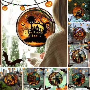 Наклейка на окно Хэллоуина Тыква Летучая мышь Черный кот Дом с привидениями Ворона Водонепроницаемая ПВХ Съемная электростатическая стеклянная наклейка для вечеринок B