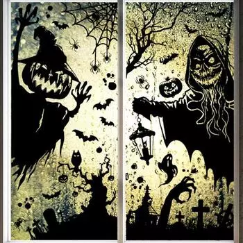 Наклейка на окно Хэллоуина Тыква Призрак Ведьмы Скелет Пугало Двусторонняя Водонепроницаемая ПВХ Съемная Электростатическая Стеклянная Наклейка Товары для дома