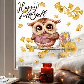Наклейка на окно, мультяшная ночная сова, животное, осенние золотые листья гинкго, праздничное украшение, съемное электростатическое стекло Owl