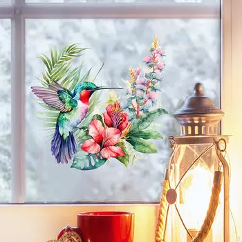 Наклейка на окно с птицами и цветами, украшение на стену, стекло, наклейка на дверь для