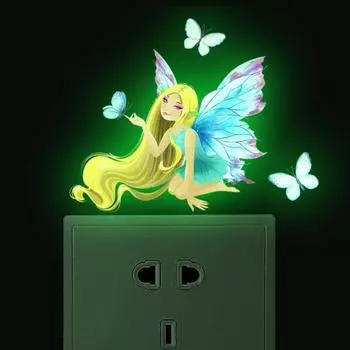 Наклейка на переключатель, светящаяся в темноте, самоклеящаяся, съемная ночная индикация, сделай сам, маленькая фея, бабочка, светящаяся наклейка на стену, поставка для спальни A