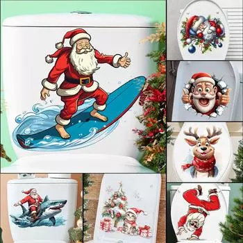 Наклейка на сиденье унитаза в ванной комнате Рождественский лось Санта-Клаус Самоклеящиеся наклейки Съемные наклейки Обои для ванной комнаты Домашний декор AFC8508
