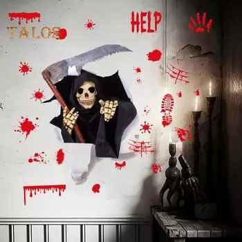 Наклейка на стену Хэллоуин Плащ мертвого бога Скелет с серпом Наклейка Фестиваль Наклейка на стену Окно для гостиной Спальни A