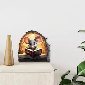 Наклейка на стену «Мышь» отклеивается и приклеивается, мультяшная наклейка на стену «Мышь для чтения», водонепроницаемая, самоклеящаяся A