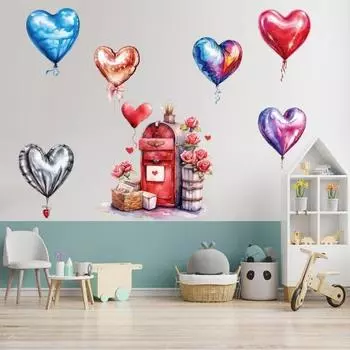Наклейка на стену на День святого Валентина, воздушный шар в форме сердца, узор почтового ящика, самоклеящаяся водонепроницаемая наклейка на стену, украшение для спальни и детской комнаты Sets