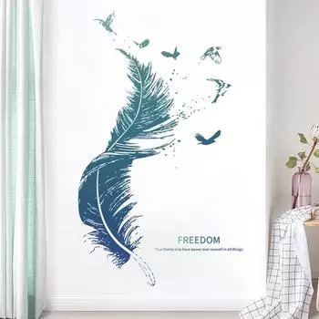 Наклейка на стену, нежный, без остатков, креативный декор, синее перо, большая виниловая роспись для синий