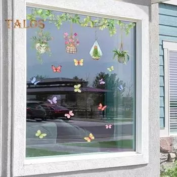 Наклейка на стену, яркий цвет, зеленый растительный узор, наклейка на окно, двусторонняя наклейка с принтом для дома herbs