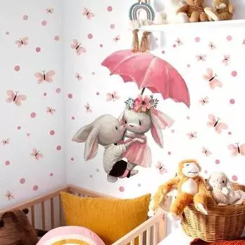 Наклейка на стену, съемная, невыцветающая, ПВХ, пасхальный кролик, зонтик, бабочка, фон, наклейка, фреска для детской комнаты розовый