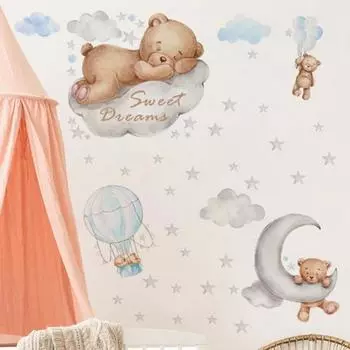 Наклейка на стену с изображением мультяшного животного, милый медведь, спящий на облаке, самоклеящиеся наклейки