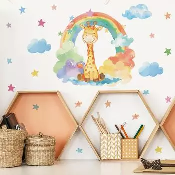 Наклейка на стену с изображением жирафа, радуги, звезд, облаков, детской комнаты, украшения дома 40*60CM/fun-e72