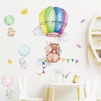 Наклейка на стену с мультяшными лесными животными, украшение для дома, кролик, медведь, воздушный шар, детская комната, съемные наклейки на стены