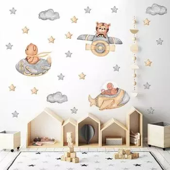 Наклейка на стену с мультяшными животными, пилотом самолета для детской комнаты, декор для спальни для мальчиков, виниловые милые наклейки на стены, художественные фрески A