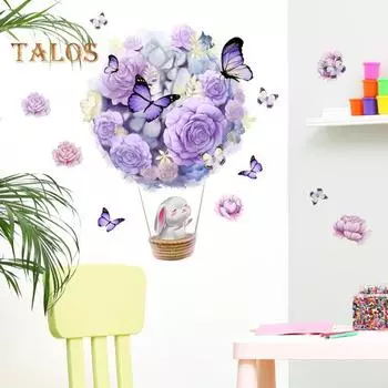 Наклейка на стену с очаровательным кроликом и цветочным принтом, наклейка на стену для девочек, украшение для комнаты, легко устанавливается, водонепроницаемая виниловая наклейка фиолетовый