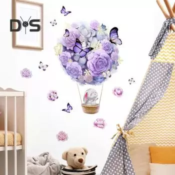 Наклейка на стену с очаровательным кроликом и цветочным принтом, наклейка на стену для девочек, украшение для комнаты, легко устанавливается, водонепроницаемая виниловая наклейка фиолетовый