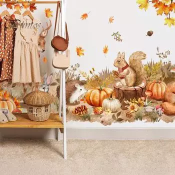 Наклейка на стену с тыквой на День благодарения, осенние кленовые листья, лесные животные, прочная, легко снимаемая наклейка на стену для осенних праздничных вечеринок A