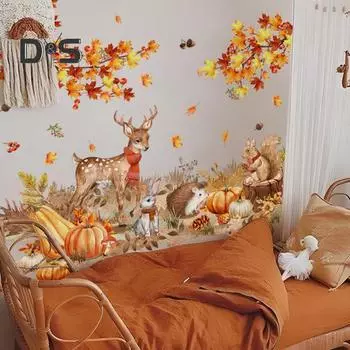 Наклейка на стену с тыквой на День благодарения, осенние кленовые листья, лесные животные, прочная, легко снимаемая наклейка на стену для осенних праздничных вечеринок A