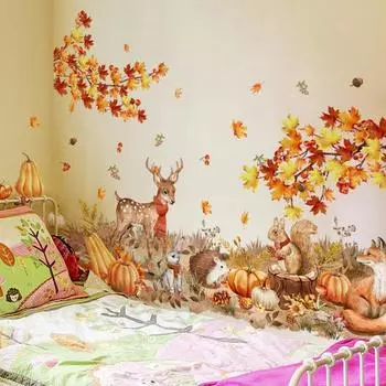 Наклейка на стену с тыквой на День благодарения, осенние кленовые листья, лесные животные, наклейка, устойчивая к разрывам, легко поддается