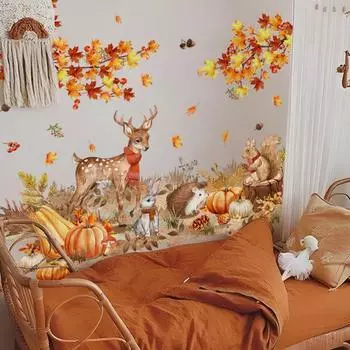 Наклейка на стену с тыквой на День благодарения, осенние кленовые листья, лесные животные, прочная, легко снимаемая наклейка на стену для осенних праздничных вечеринок A