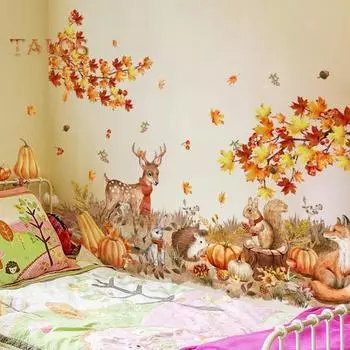 Наклейка на стену с тыквой на День благодарения, осенние кленовые листья, лесные животные, прочная, легко снимаемая наклейка на стену для осенних праздничных вечеринок A