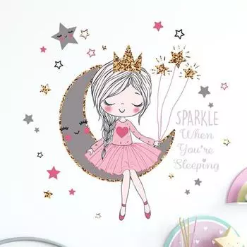 Наклейка на стену со звездой и луной для девочек, водостойкая самоклеящаяся ПВХ-наклейка, современная гостиная, детская спальня, настенное художественное украшение, наклейка