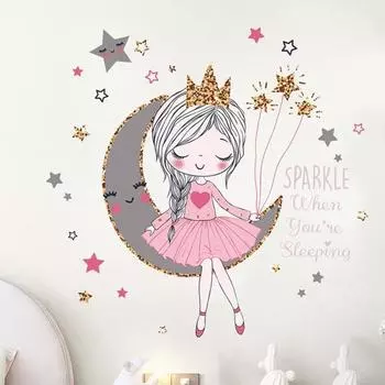 Наклейка на стену со звездой и луной для девочек, водостойкая самоклеящаяся ПВХ-наклейка, современная гостиная, детская спальня, настенное художественное украшение, наклейка розовый