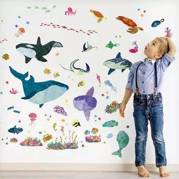 Наклейка на стену Square Shop SEA Carnival w0612 Fish Sea Aquarium Decoration Cute Decoration Boys Girls Aquarium Room Japanese Pattern Children