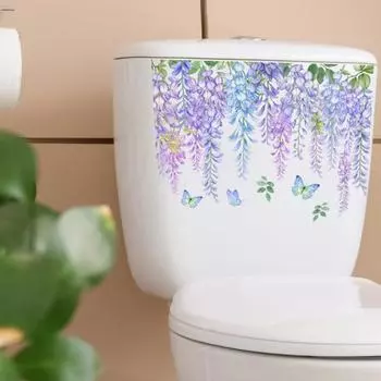 Наклейка на туалет «Бабочки» с изображением цветов глицинии, съемная, самоклеящаяся, водонепроницаемая, из ПВХ, для гостиной, стены