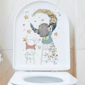 Наклейка на туалет, милая девушка, наклейка с узором Луны и Луны, водонепроницаемая, без остатков, наклейка на стену
