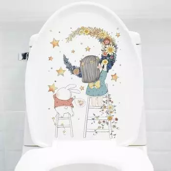 Наклейка на туалет, милая девушка, наклейка с рисунком луны и луны, водонепроницаемая, без остатков, наклейка на стену для домашнего декора ванной комнаты girl