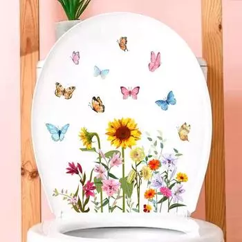 Наклейка на туалет с цветочными бабочками, съемная самоклеящаяся водостойкая ПВХ настенная наклейка для гостиной