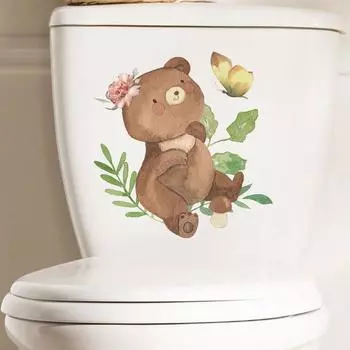 Наклейка на туалет с медведем и бабочками, съемная самоклеящаяся водонепроницаемая ПВХ для гостиной, ванной комнаты, настенное искусство, украшение для крышки унитаза с животными