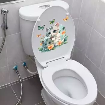 Наклейка на туалет с мультяшным котом и бабочками, съемная самоклеящаяся водостойкая ПВХ гостиная, спальня, ванная комната, настенное искусство, украшение в виде животных, цветов, наклейка Cat