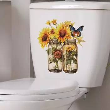 Наклейка на туалет с подсолнухом и бабочками, съемная самоклеящаяся водостойкая ПВХ настенная наклейка для гостиной