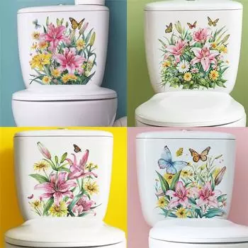 Наклейка на унитаз, наклейки на крышку унитаза с цветочным узором в виде бабочек, легкий, высококлеевой дизайн, HY-M098