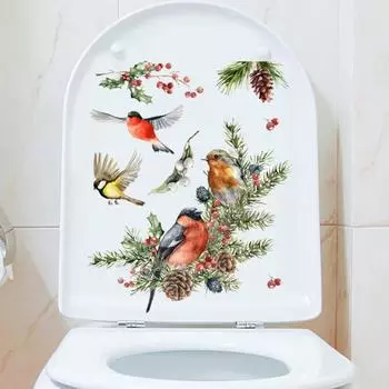 Наклейка для унитаза Yousheng Рождественская сосновая птица яркая съемная прочная клейкая наклейка для ванной комнаты аксессуары для дома Bird