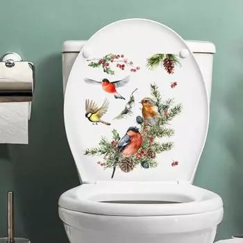 Наклейка на унитаз, Рождественская сосна, птица, яркая съемная прочная клейкая наклейка для декора ванной комнаты, аксессуары для дома