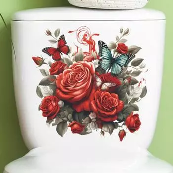 Наклейка на унитаз с бабочками и цветком розы, съемная водонепроницаемая наклейка из ПВХ для гостиной, ванной комнаты, стены искусства, цветочная крышка для унитаза, украшение на день Святого Валентина C